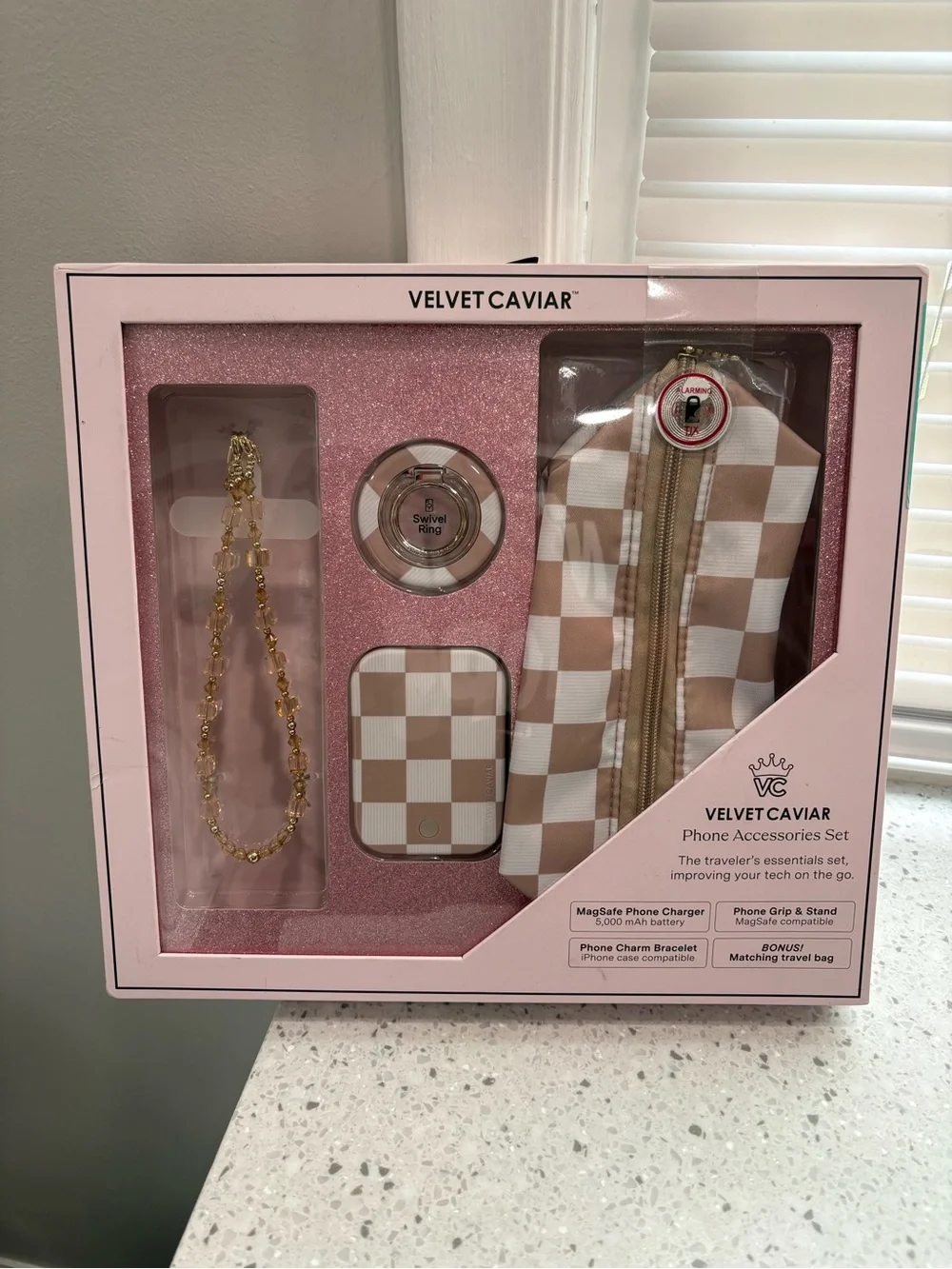 NEW IN BOX- Velvet Caviar Beige Check Phone Accessories Set